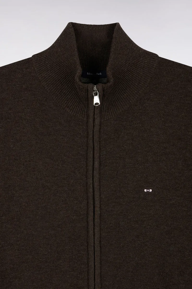 Cardigan zippé en laine et coton marron coupe droite