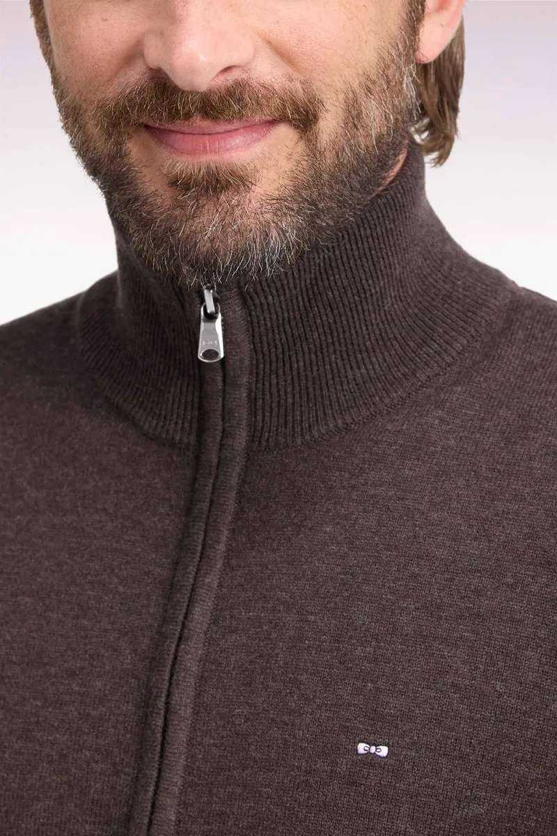 Cardigan zippé en laine et coton marron coupe droite