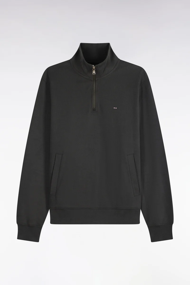 Sweatshirt col camionneur en molleton coton kaki coupe droite