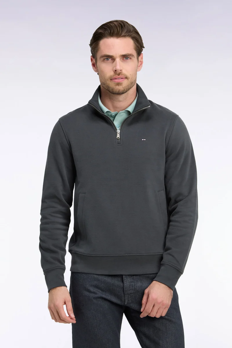 Sweatshirt col camionneur en molleton coton kaki coupe droite