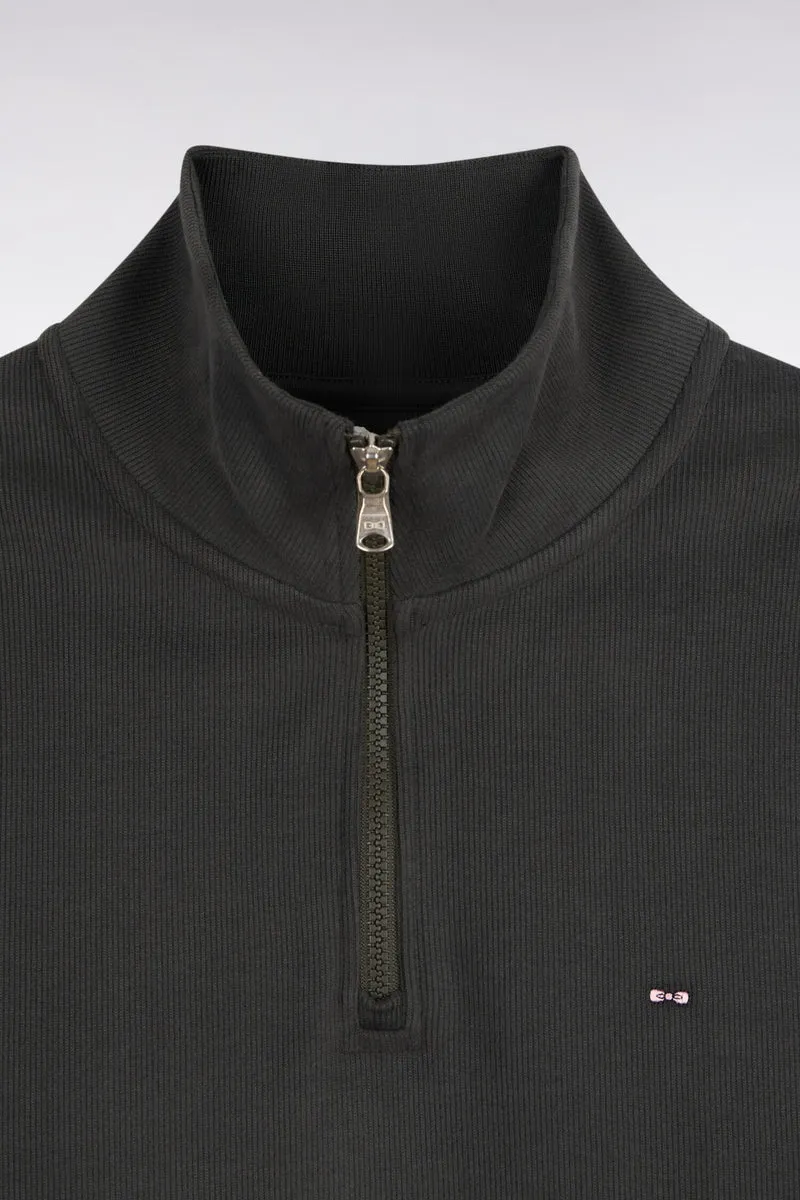 Sweatshirt col camionneur en molleton coton kaki coupe droite