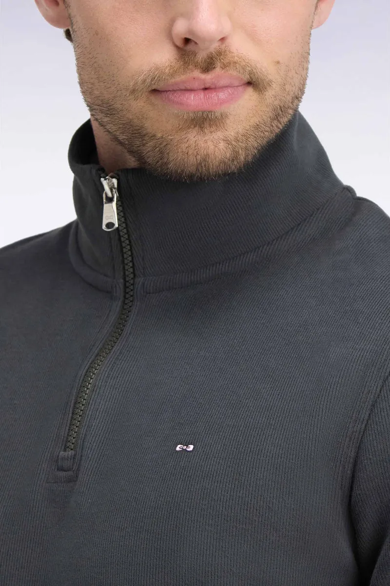 Sweatshirt col camionneur en molleton coton kaki coupe droite