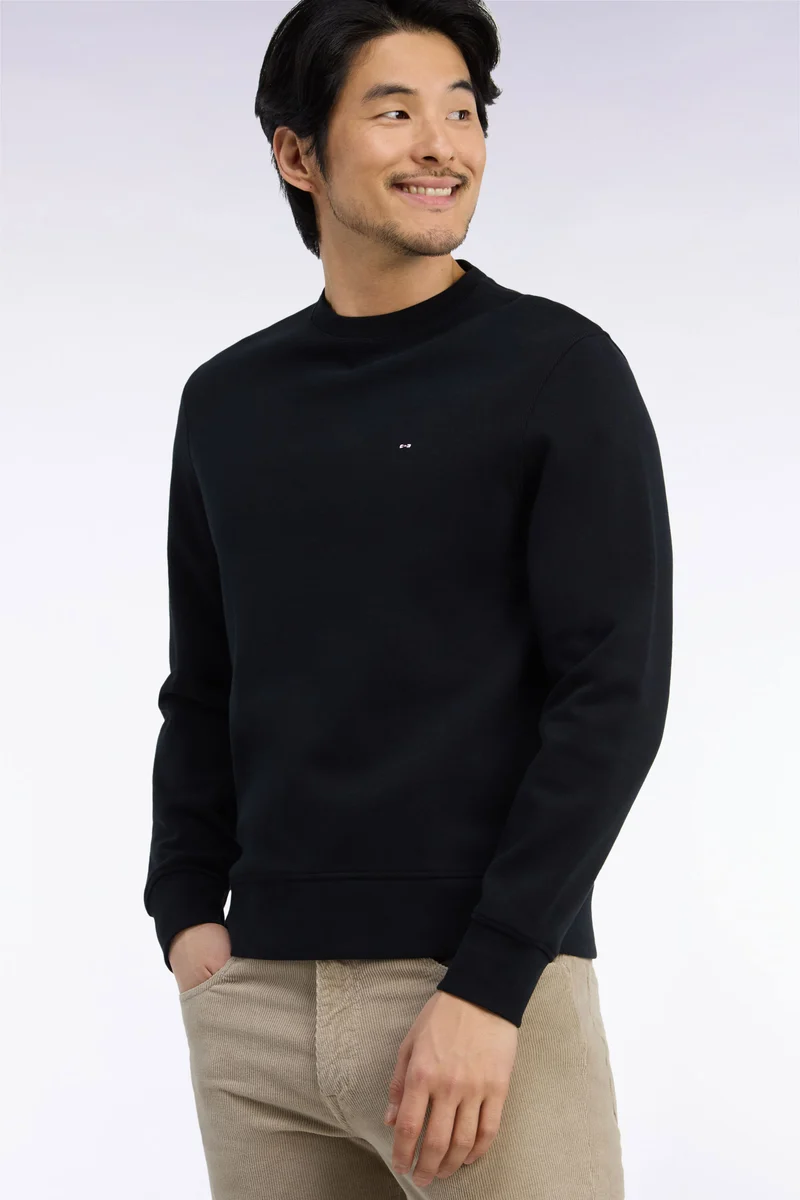 Sweatshirt à col rond en molleton coton noir coupe droite