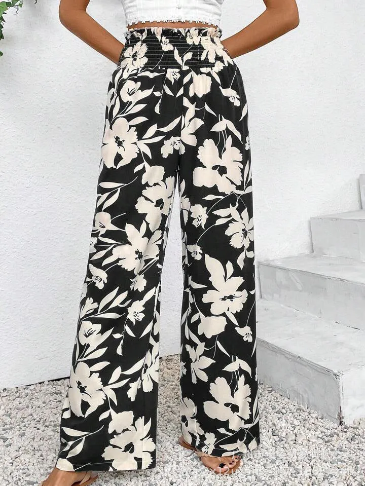 Theodora | Pantalon Large à Taille Haute Décontracté à Motif Floral pour Femme