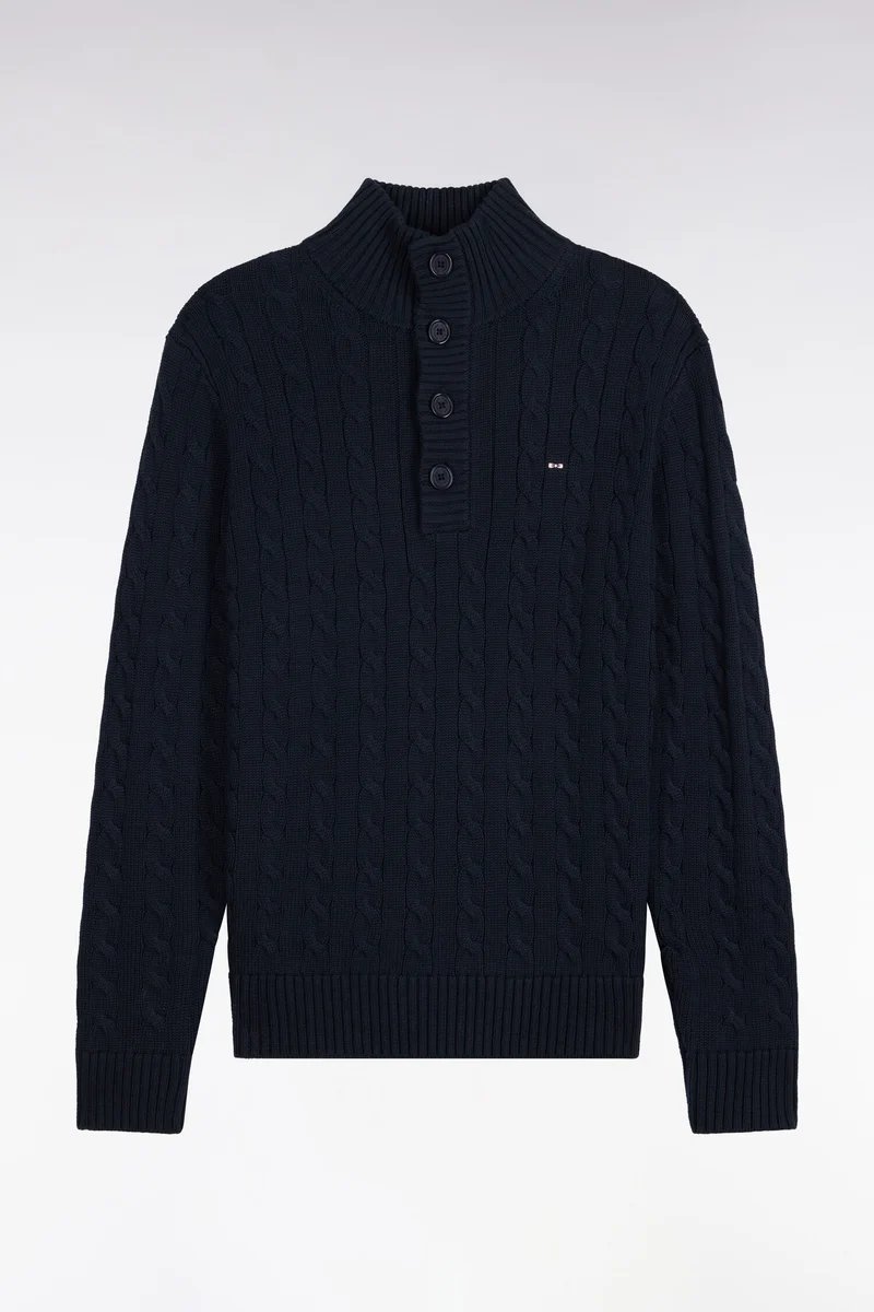 Pull à torsades col boutonné en coton marine coupe droite