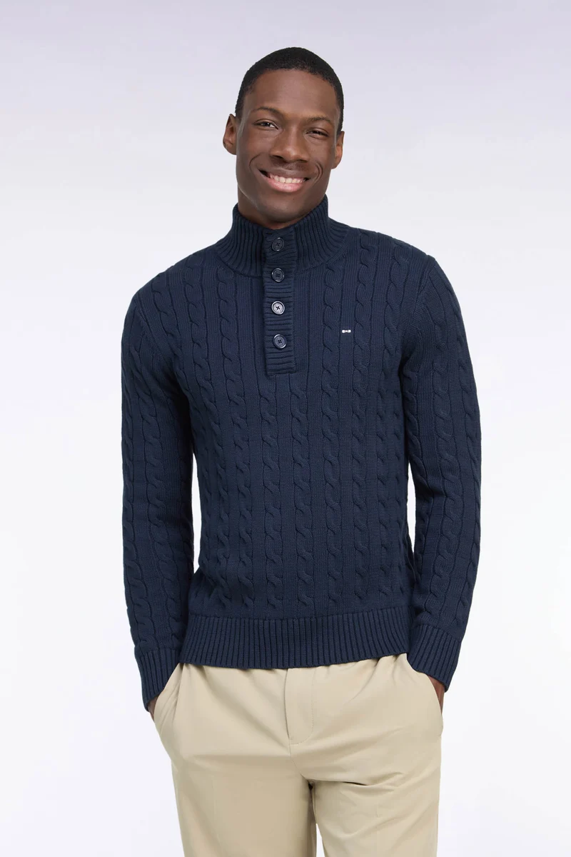 Pull à torsades col boutonné en coton marine coupe droite