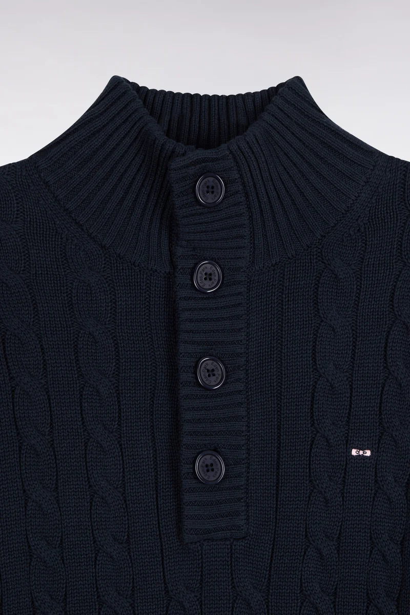 Pull à torsades col boutonné en coton marine coupe droite