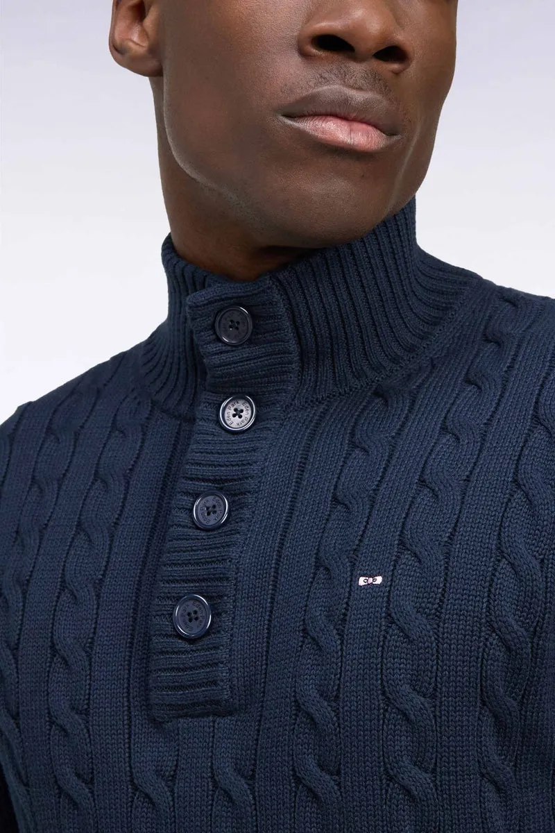 Pull à torsades col boutonné en coton marine coupe droite