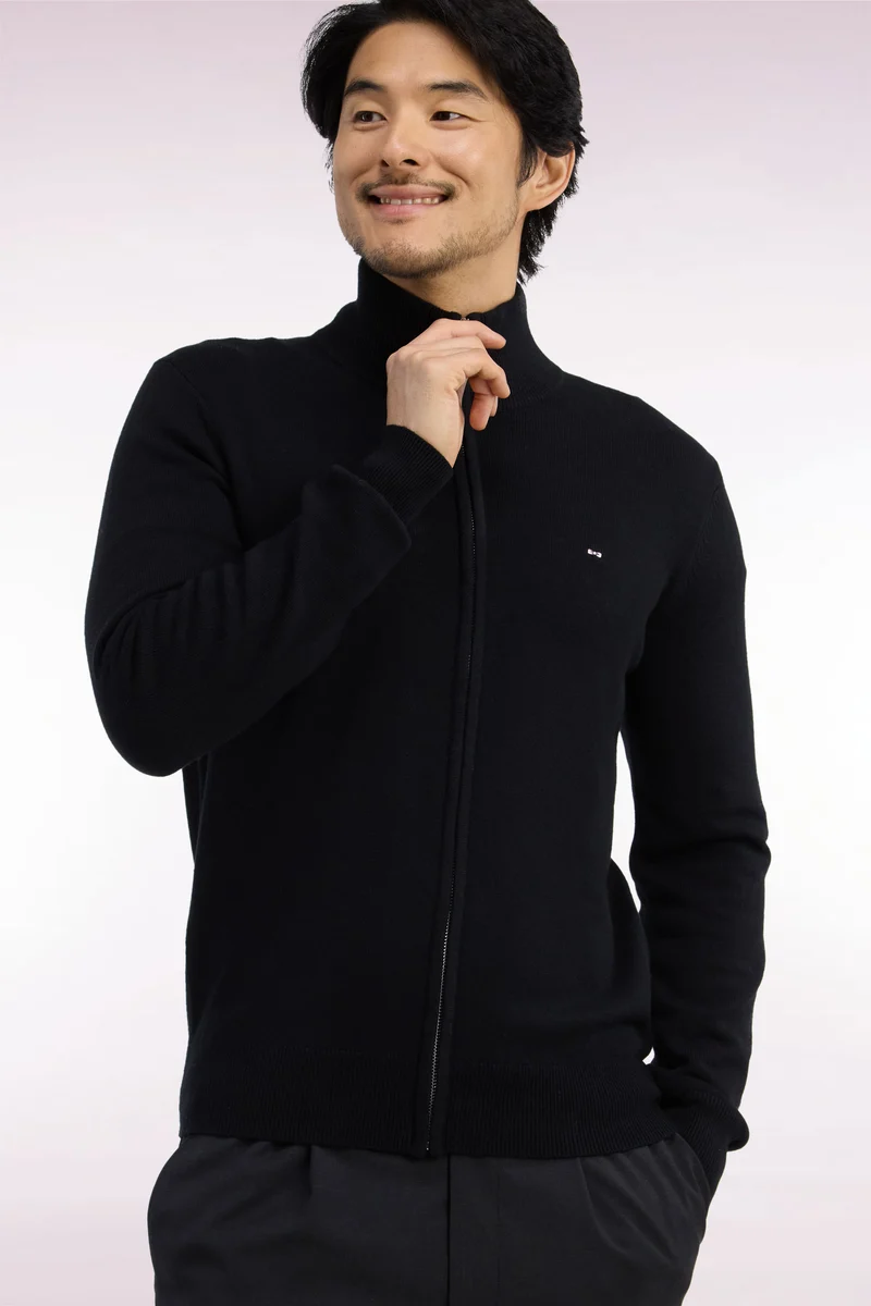 Cardigan zippé en laine et coton noir coupe droite