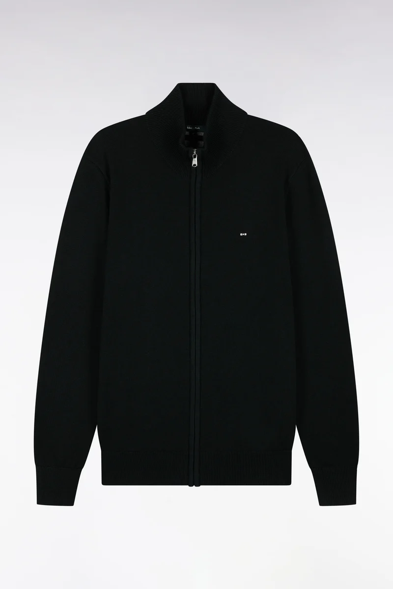 Cardigan zippé en laine et coton noir coupe droite