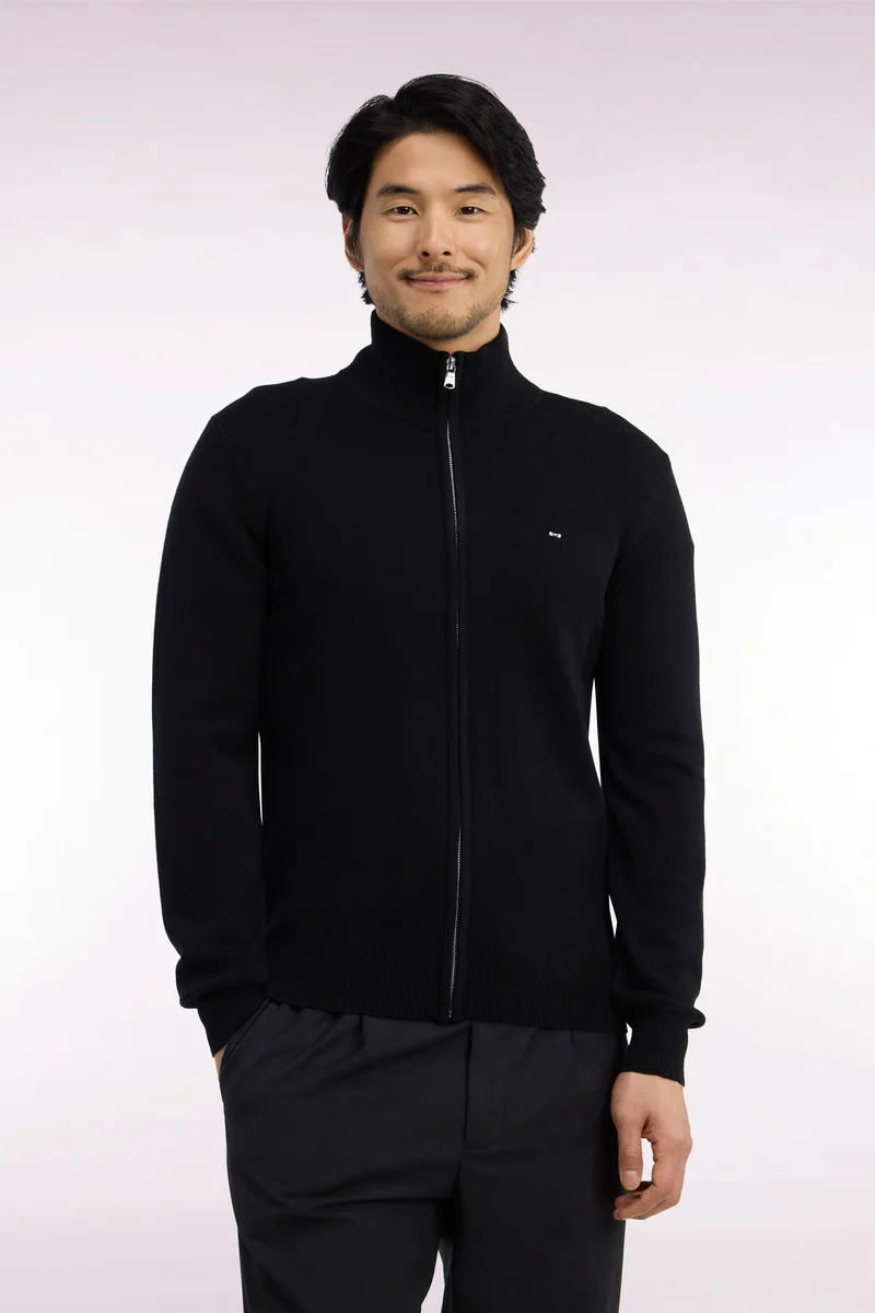 Cardigan zippé en laine et coton noir coupe droite