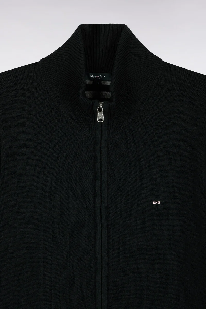 Cardigan zippé en laine et coton noir coupe droite