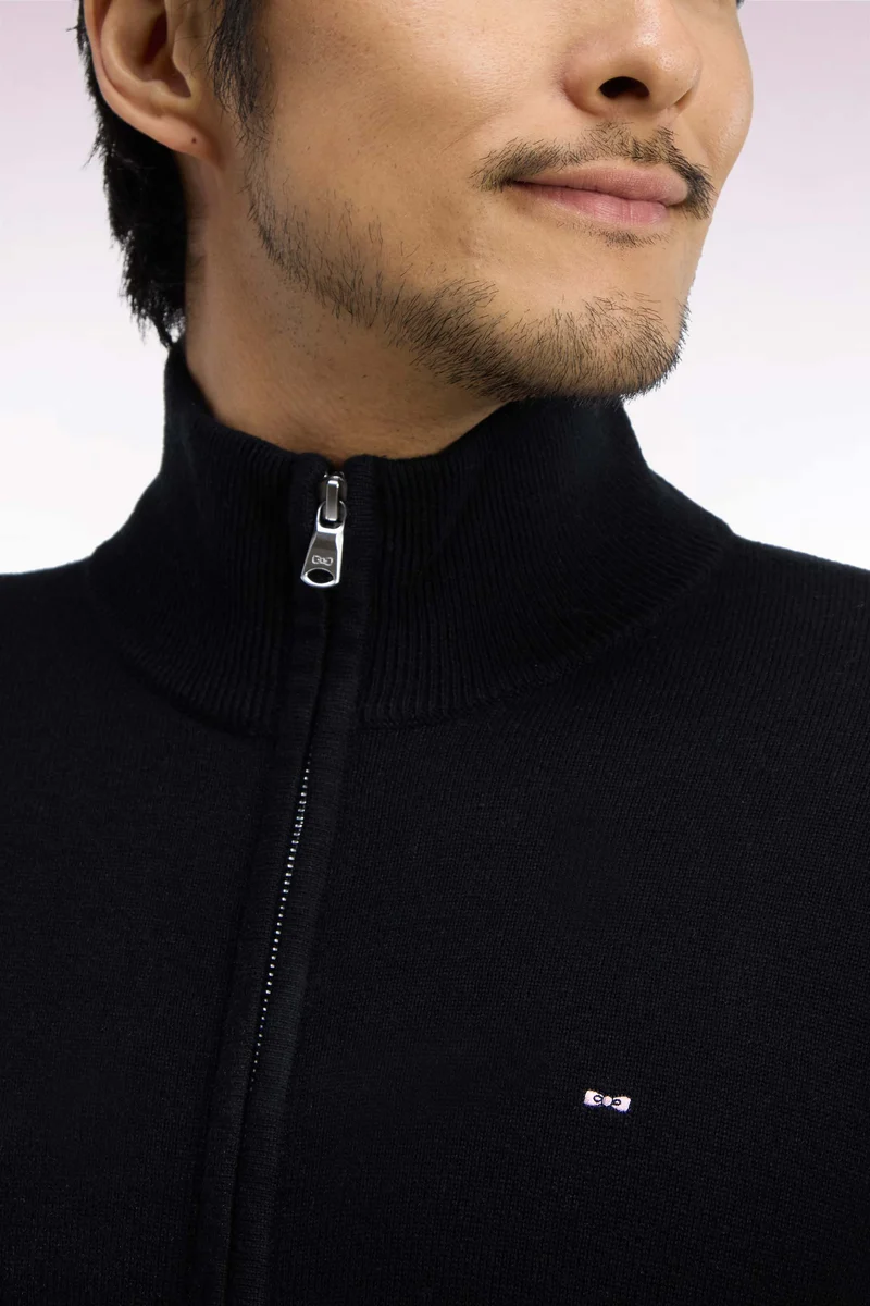 Cardigan zippé en laine et coton noir coupe droite