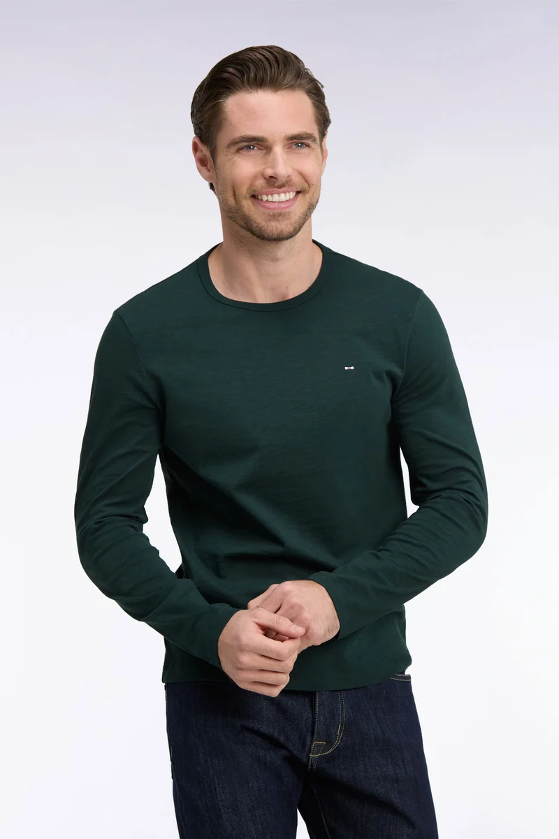 T-shirt manches longues en coton vert foncé coupe ajustée