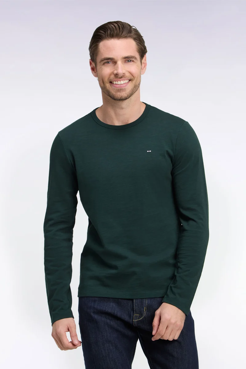 T-shirt manches longues en coton vert foncé coupe ajustée