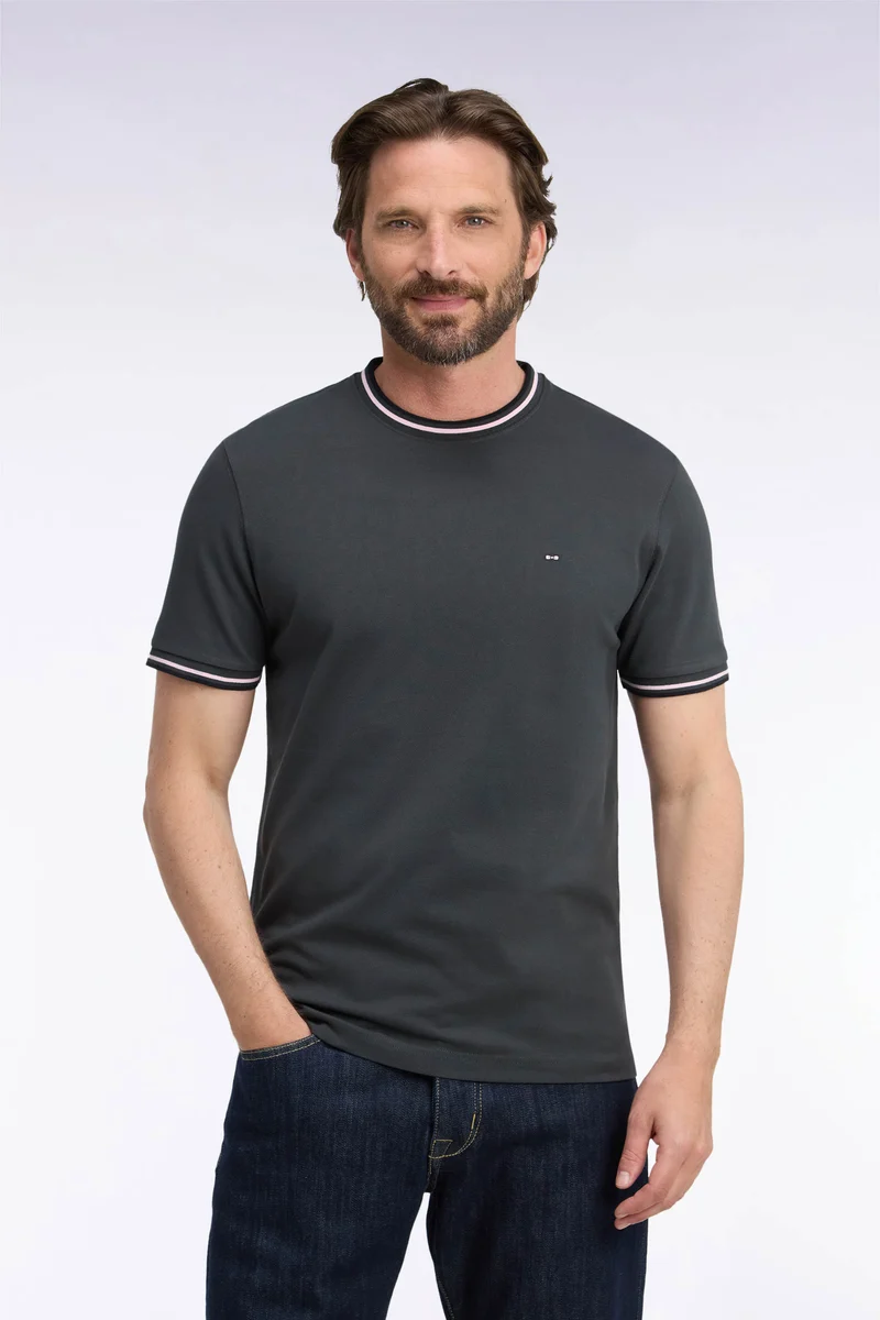 T-shirt manches courtes en coton kaki à bords-côtes rayés coupe droite