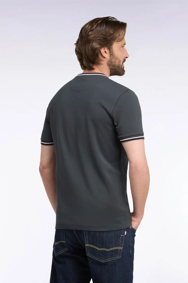 T-shirt manches courtes en coton kaki à bords-côtes rayés coupe droite