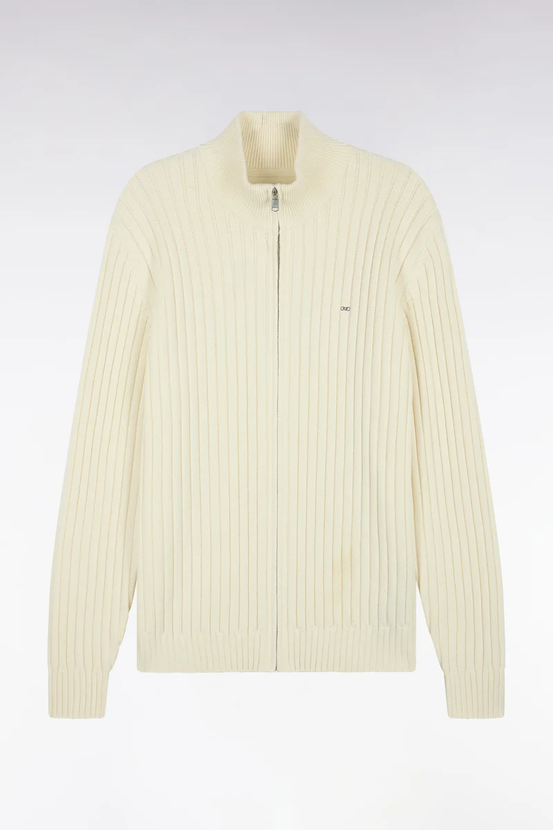 Cardigan zippé à col camionneur en laine et coton écru côtelé coupe droite