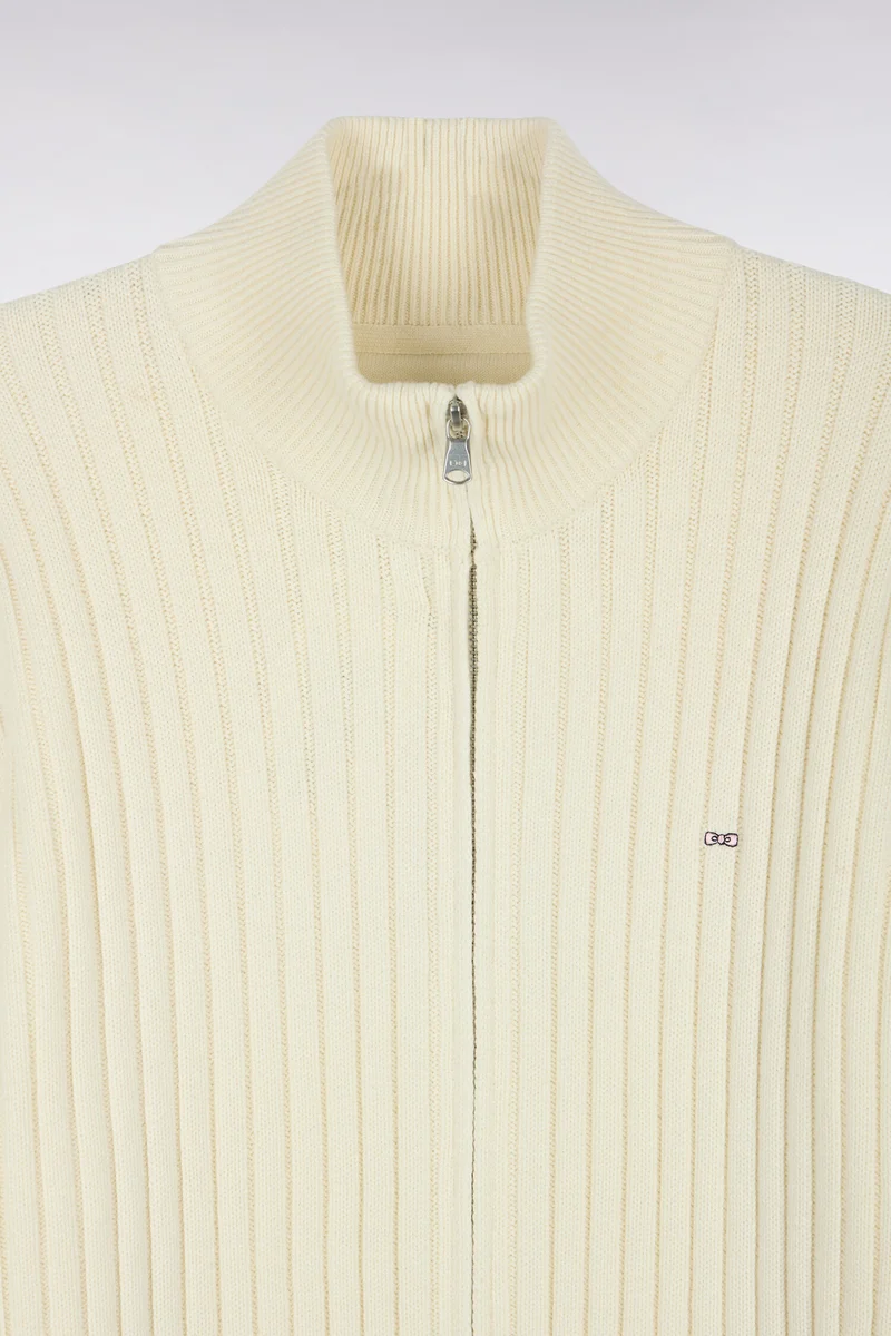 Cardigan zippé à col camionneur en laine et coton écru côtelé coupe droite