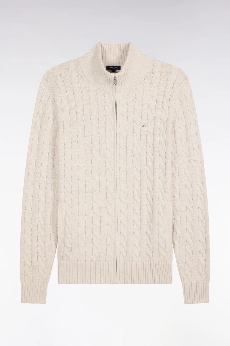 Cardigan à torsades zippé en coton écru coupe droite