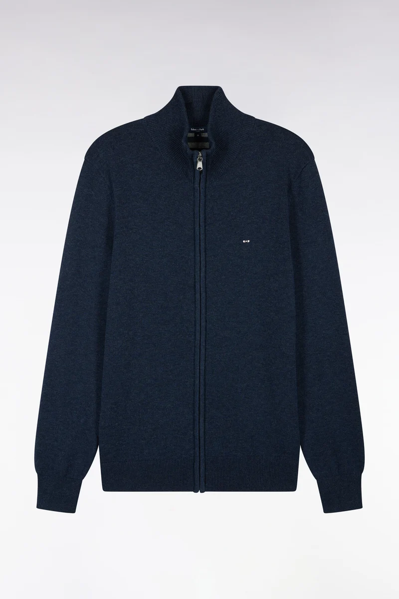 Cardigan zippé en laine et coton bleu coupe droite