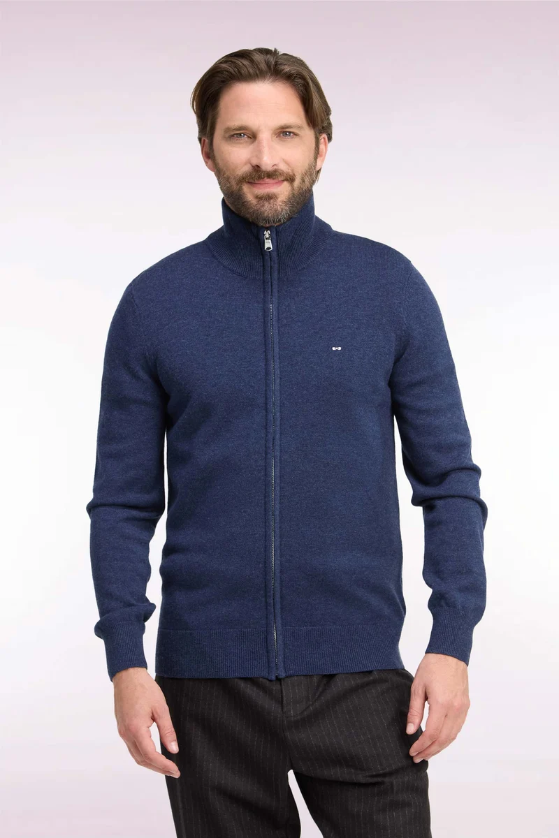 Cardigan zippé en laine et coton bleu coupe droite