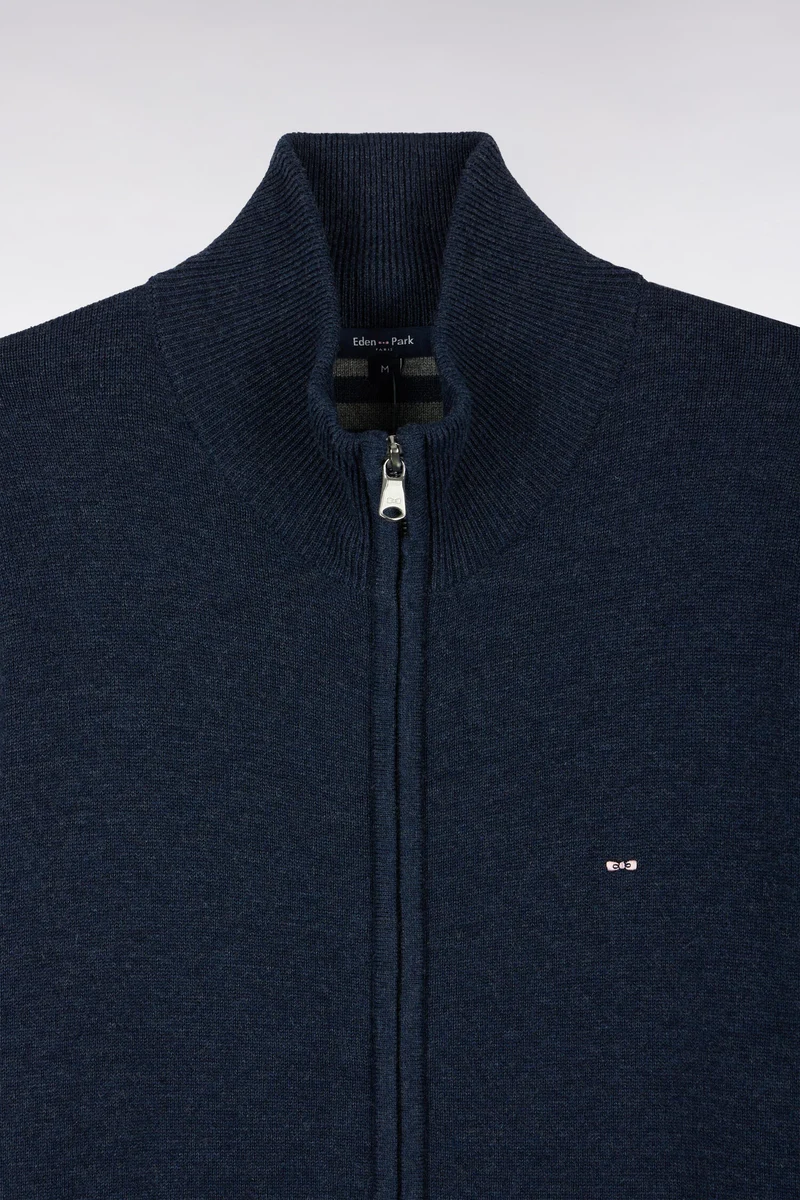 Cardigan zippé en laine et coton bleu coupe droite