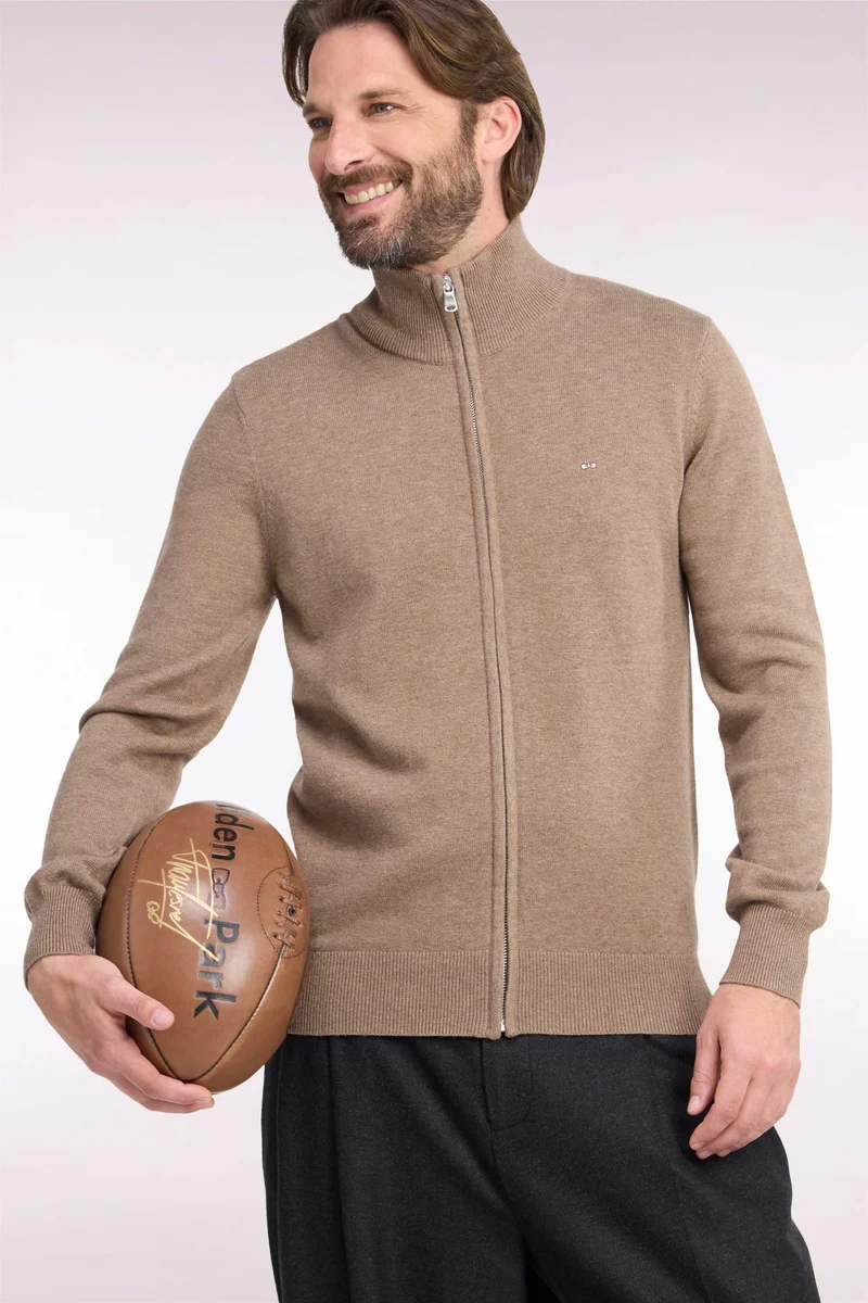Cardigan zippé en laine et coton marron coupe droite