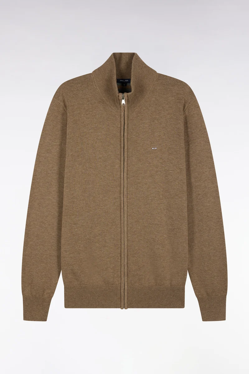 Cardigan zippé en laine et coton marron coupe droite