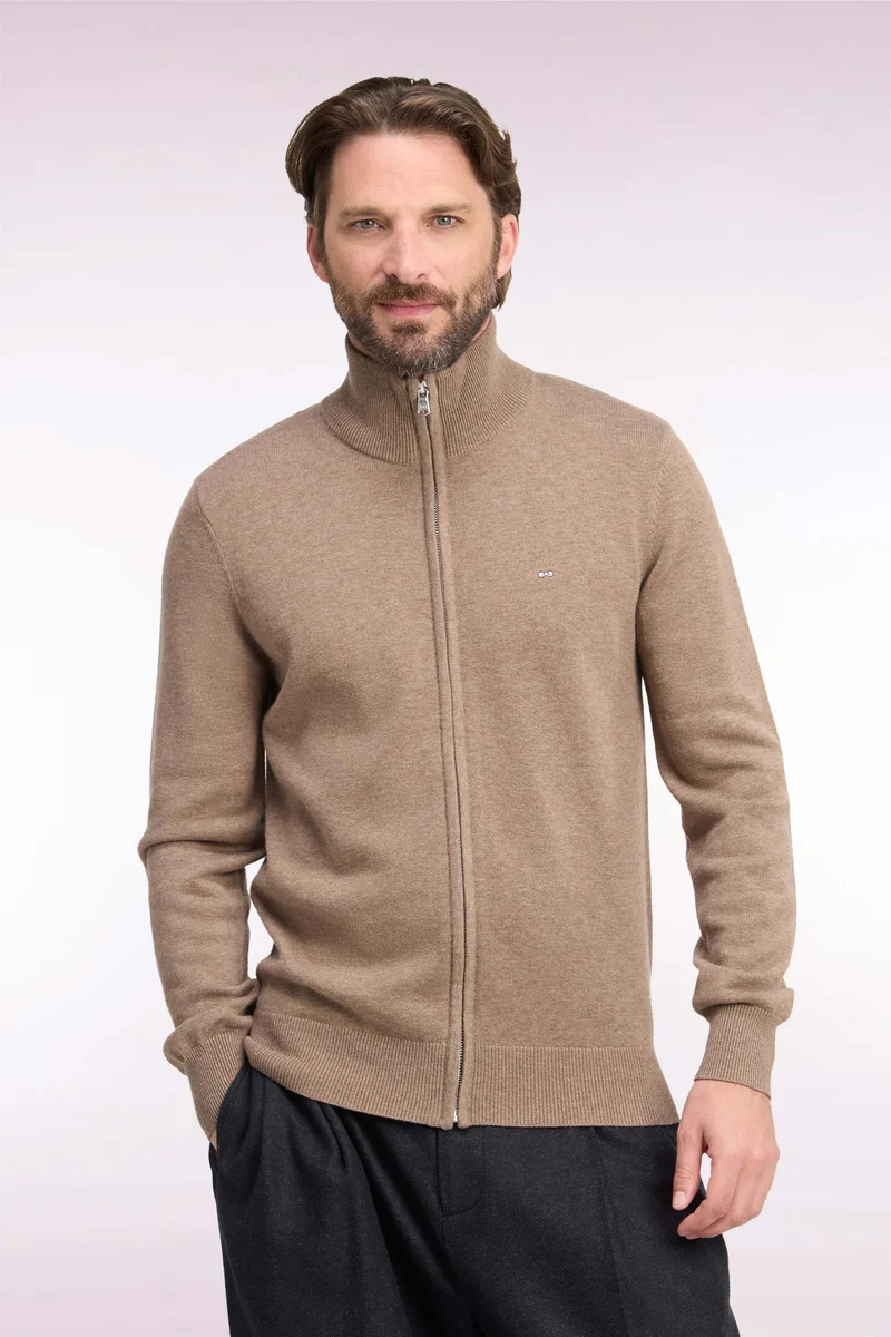 Cardigan zippé en laine et coton marron coupe droite