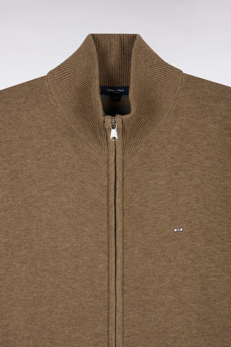 Cardigan zippé en laine et coton marron coupe droite