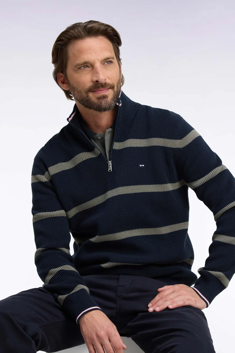 Pull rayé à col camionneur zippé en coton marine et kaki coupe droite