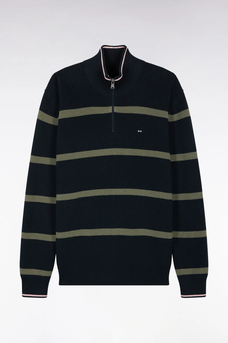 Pull rayé à col camionneur zippé en coton marine et kaki coupe droite