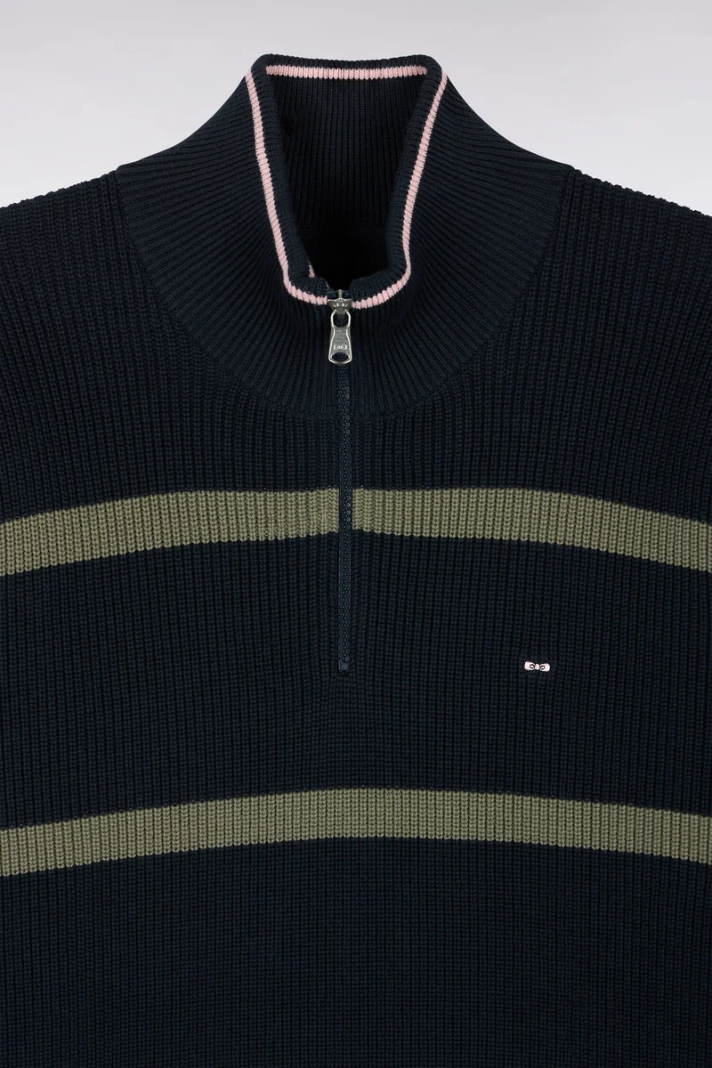 Pull rayé à col camionneur zippé en coton marine et kaki coupe droite