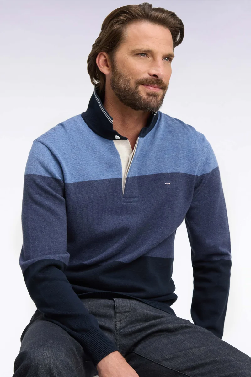 Pull à col maillot en coton tricolore à effet de rayures marine coupe regular