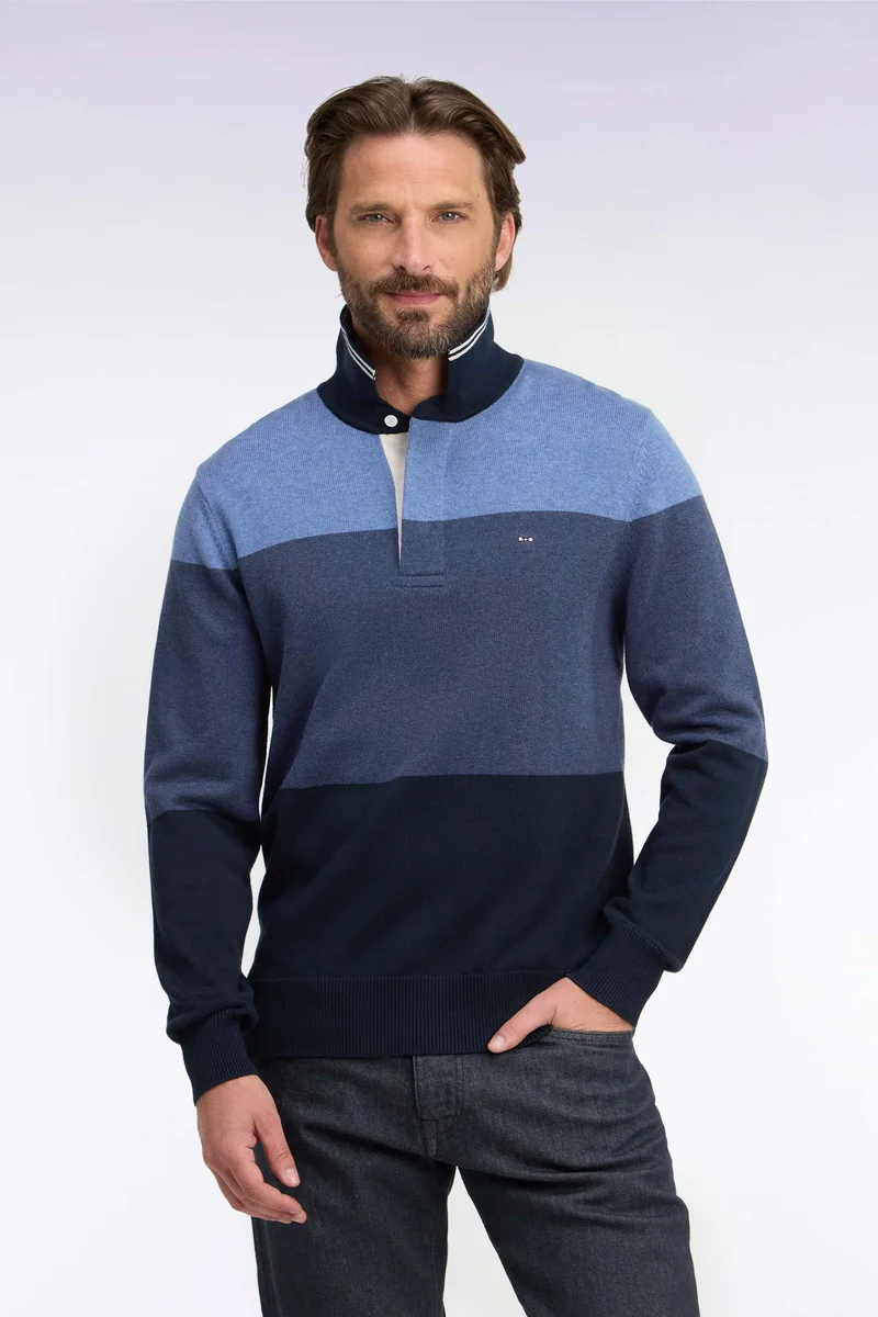 Pull à col maillot en coton tricolore à effet de rayures marine coupe regular