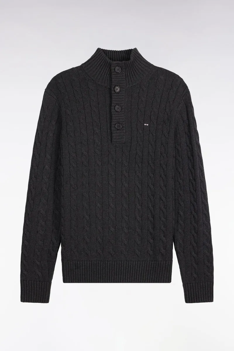 Pull à torsades col boutonné en coton gris coupe droite