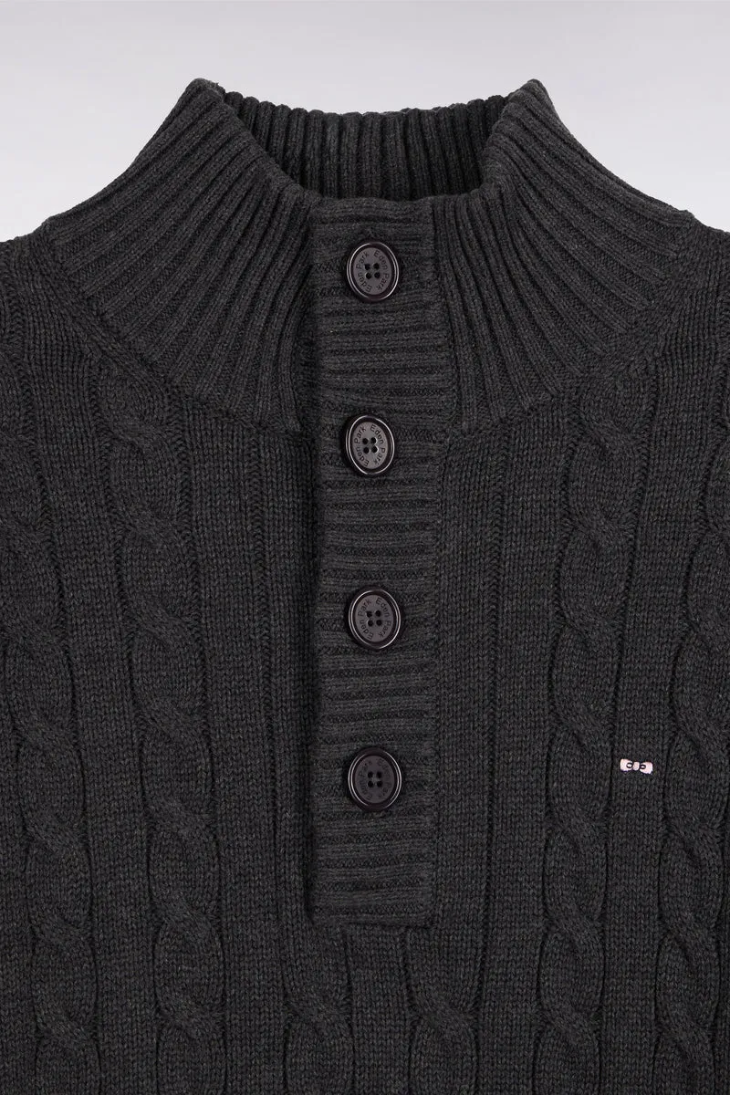 Pull à torsades col boutonné en coton gris coupe droite