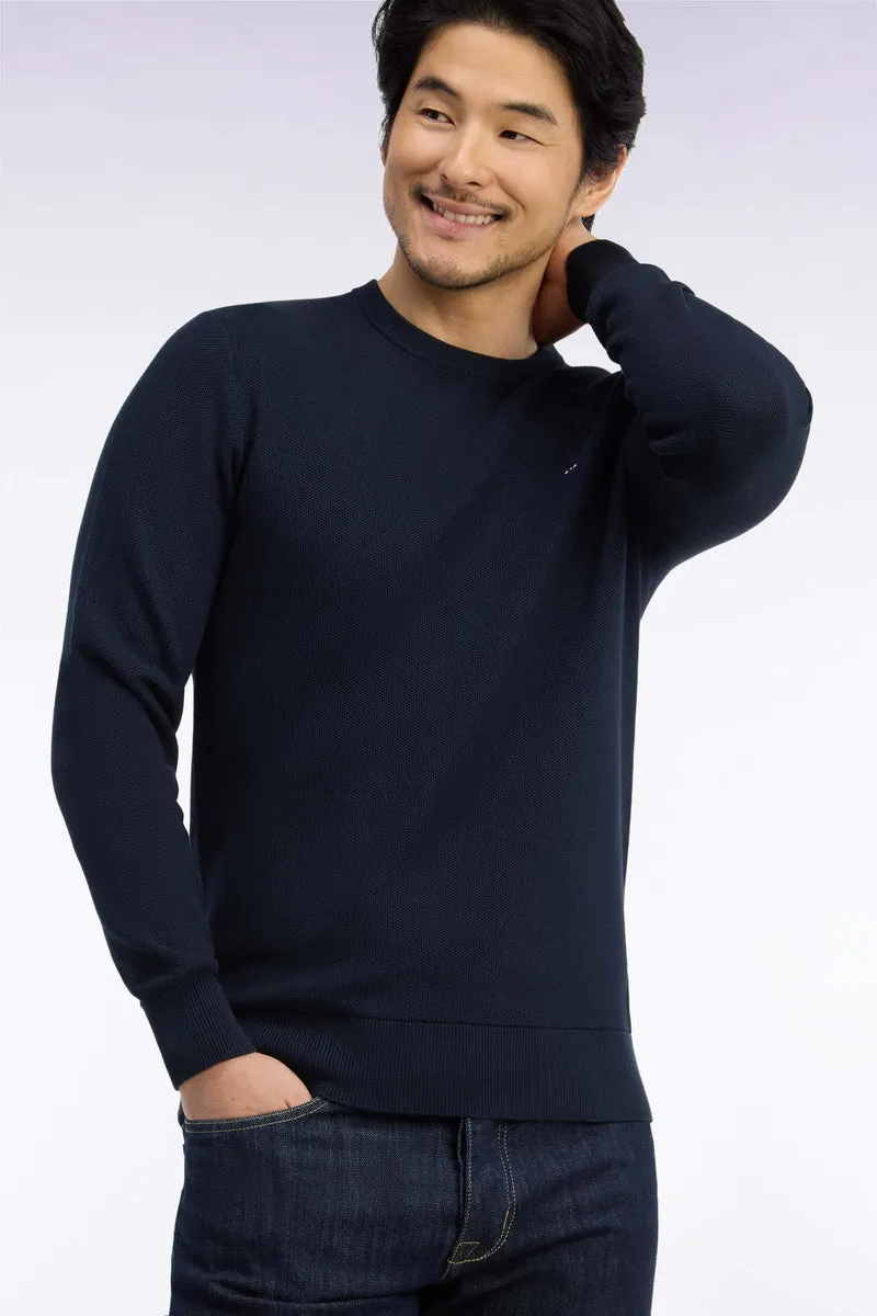 Pull col rond en coton marine coupe droite