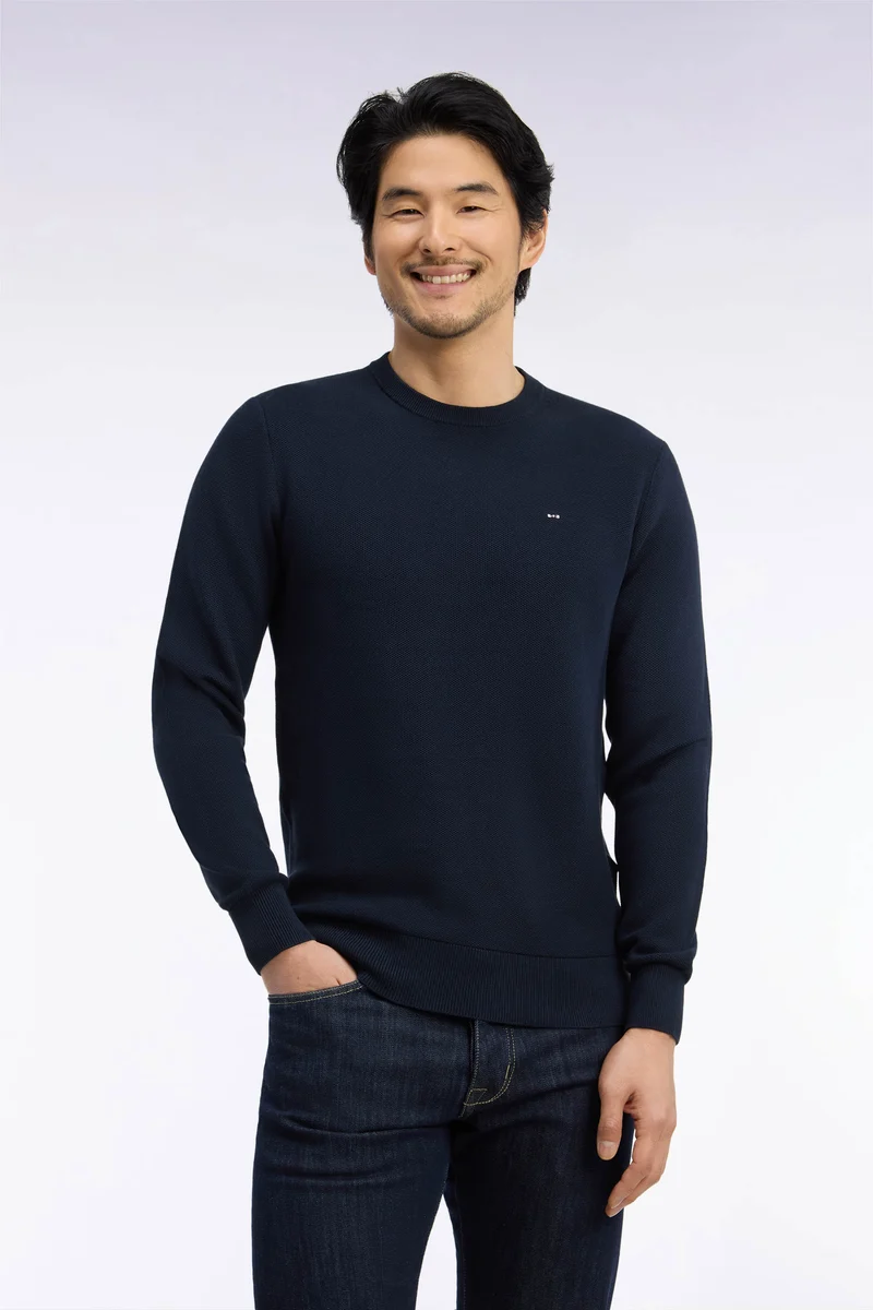 Pull col rond en coton marine coupe droite