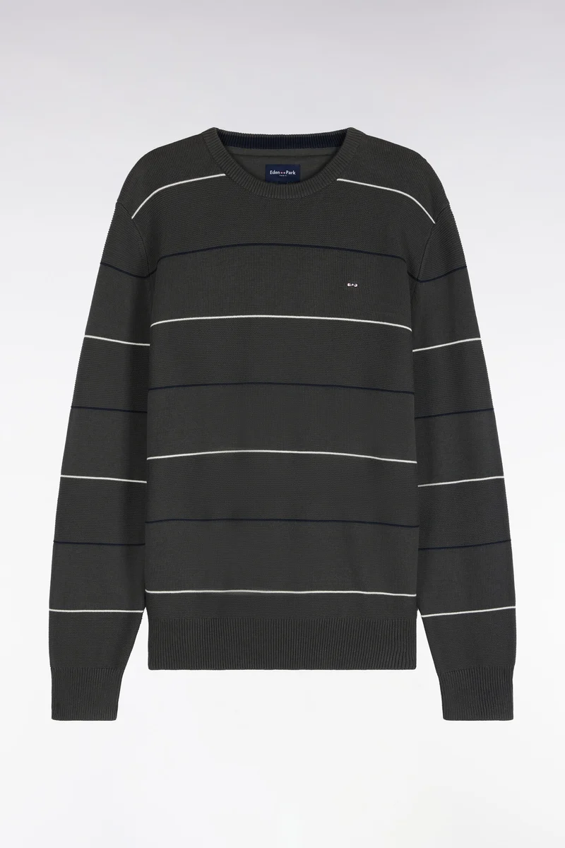 Pull à col rond en coton rayé kaki coupe droite