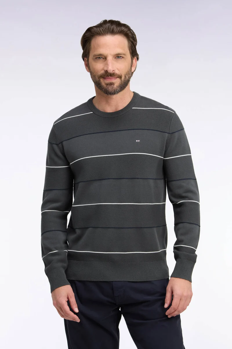 Pull à col rond en coton rayé kaki coupe droite