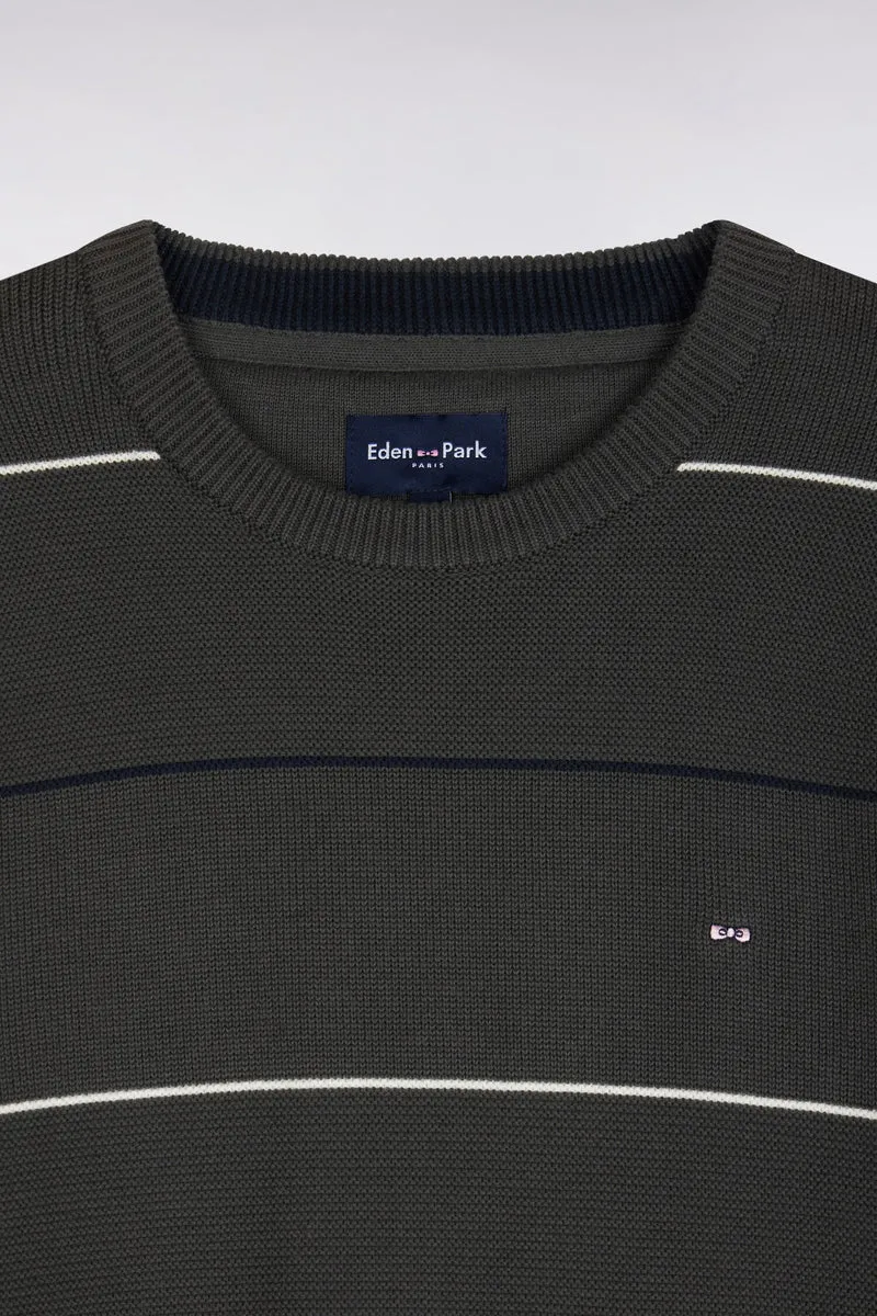 Pull à col rond en coton rayé kaki coupe droite