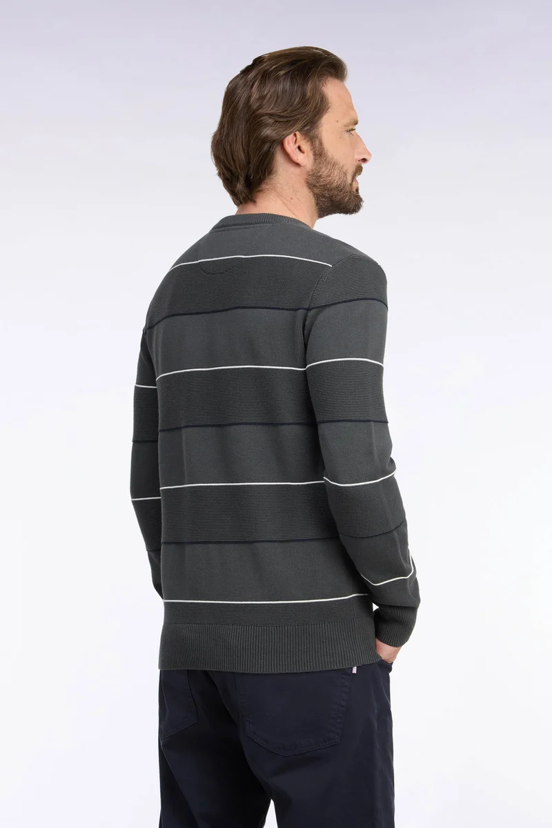 Pull à col rond en coton rayé kaki coupe droite