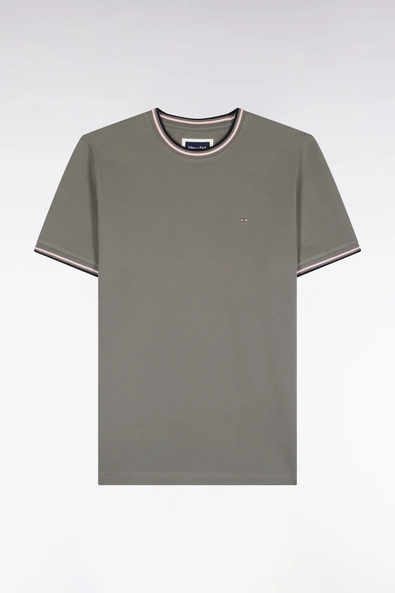 T-shirt manches courtes en coton vert olive à bords-côtes rayés coupe droite