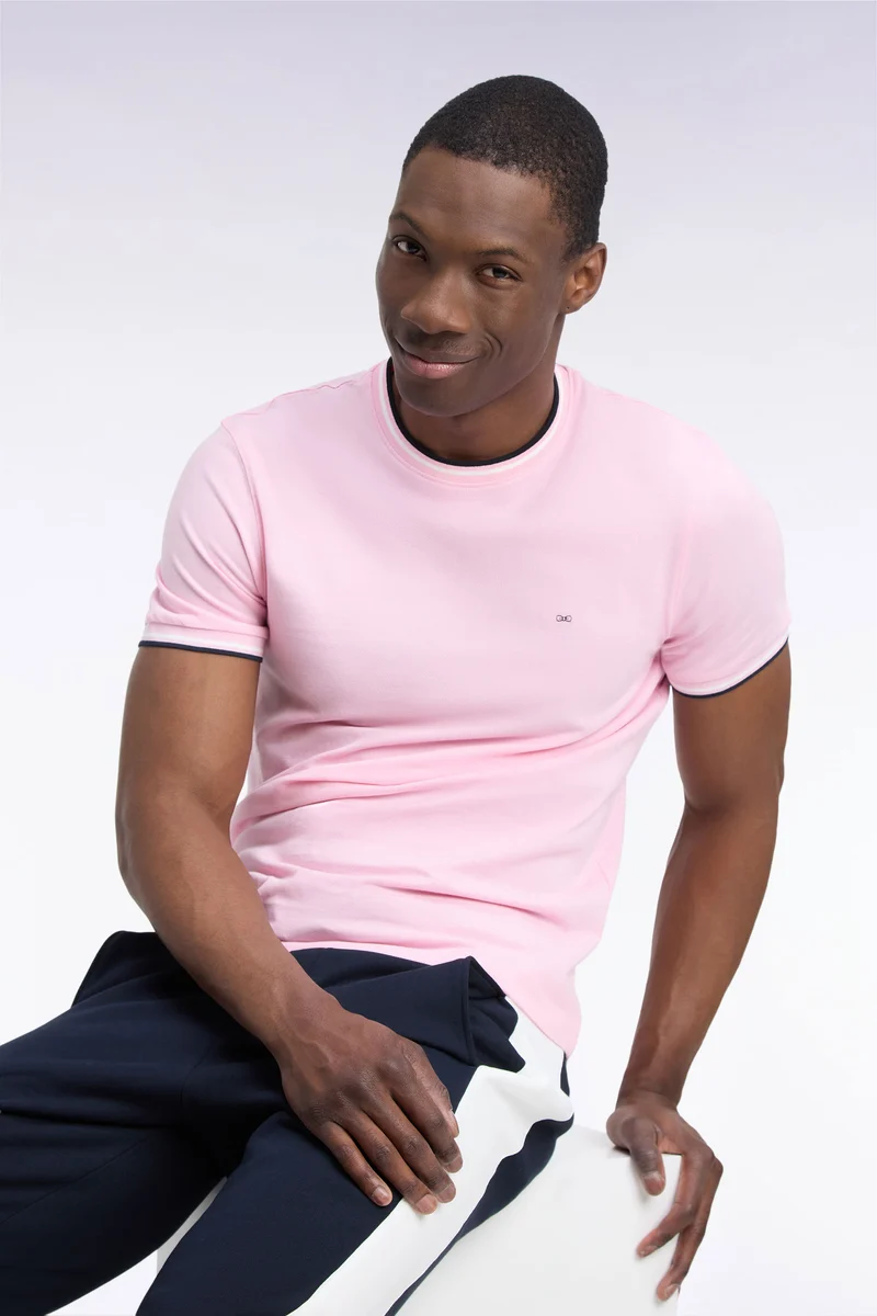 T-shirt manches courtes en coton rose à bords-côtes rayés coupe droite