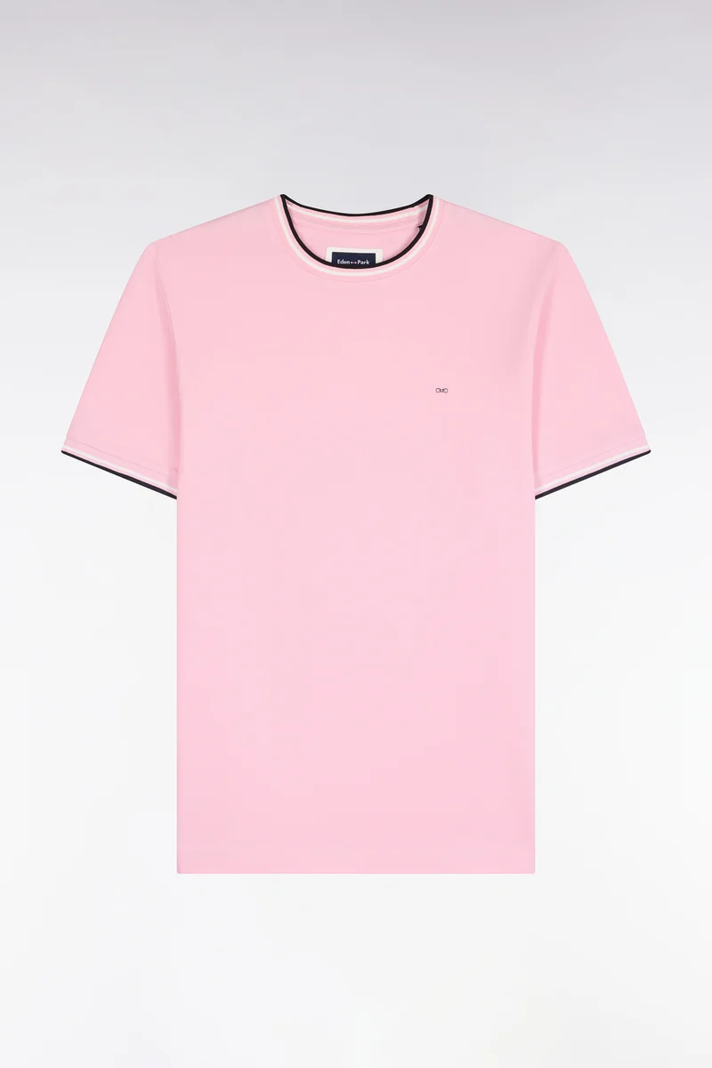 T-shirt manches courtes en coton rose à bords-côtes rayés coupe droite
