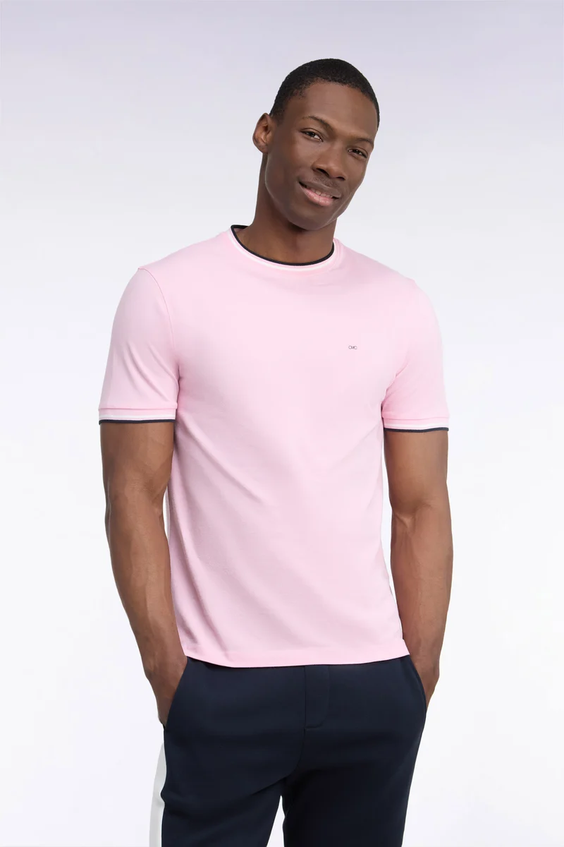 T-shirt manches courtes en coton rose à bords-côtes rayés coupe droite