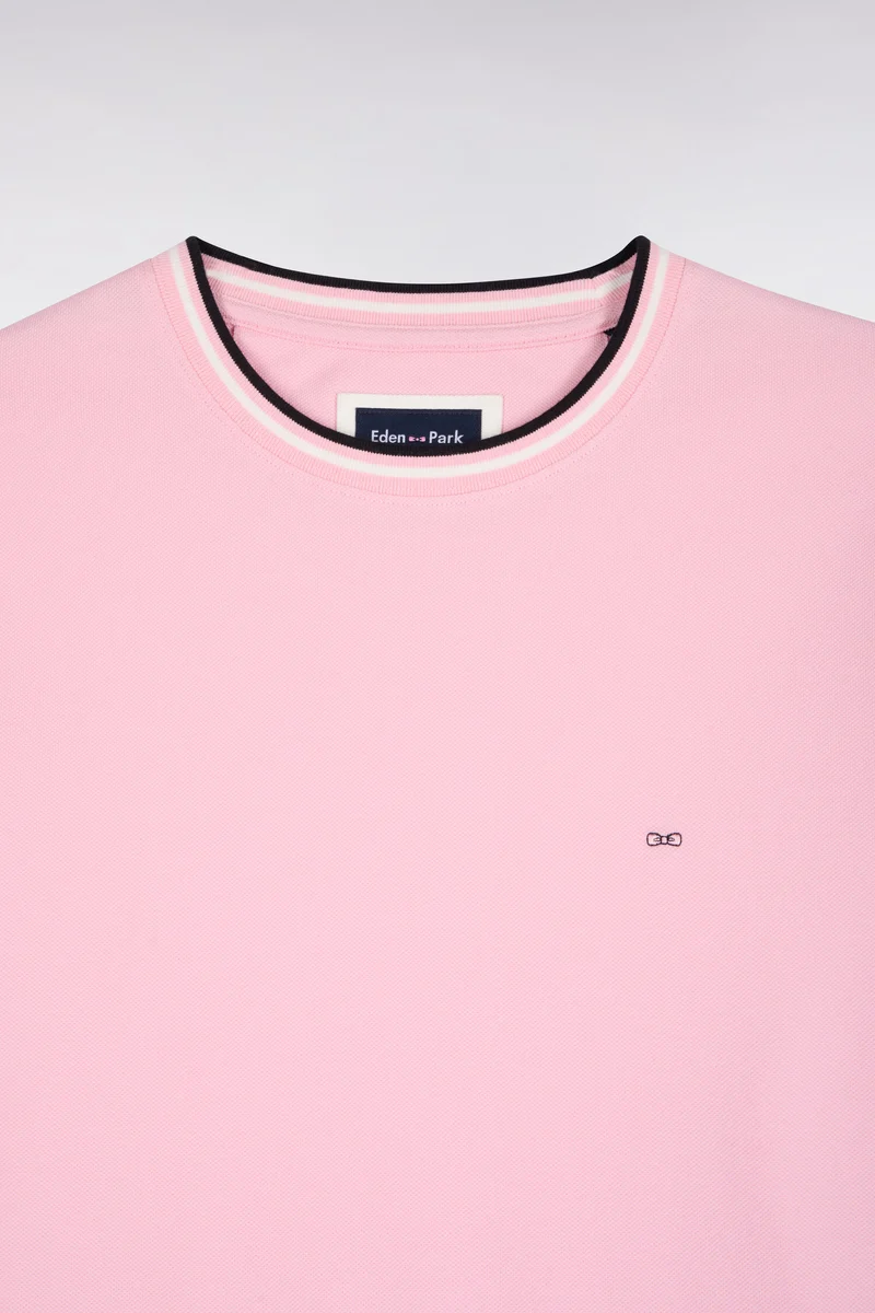 T-shirt manches courtes en coton rose à bords-côtes rayés coupe droite