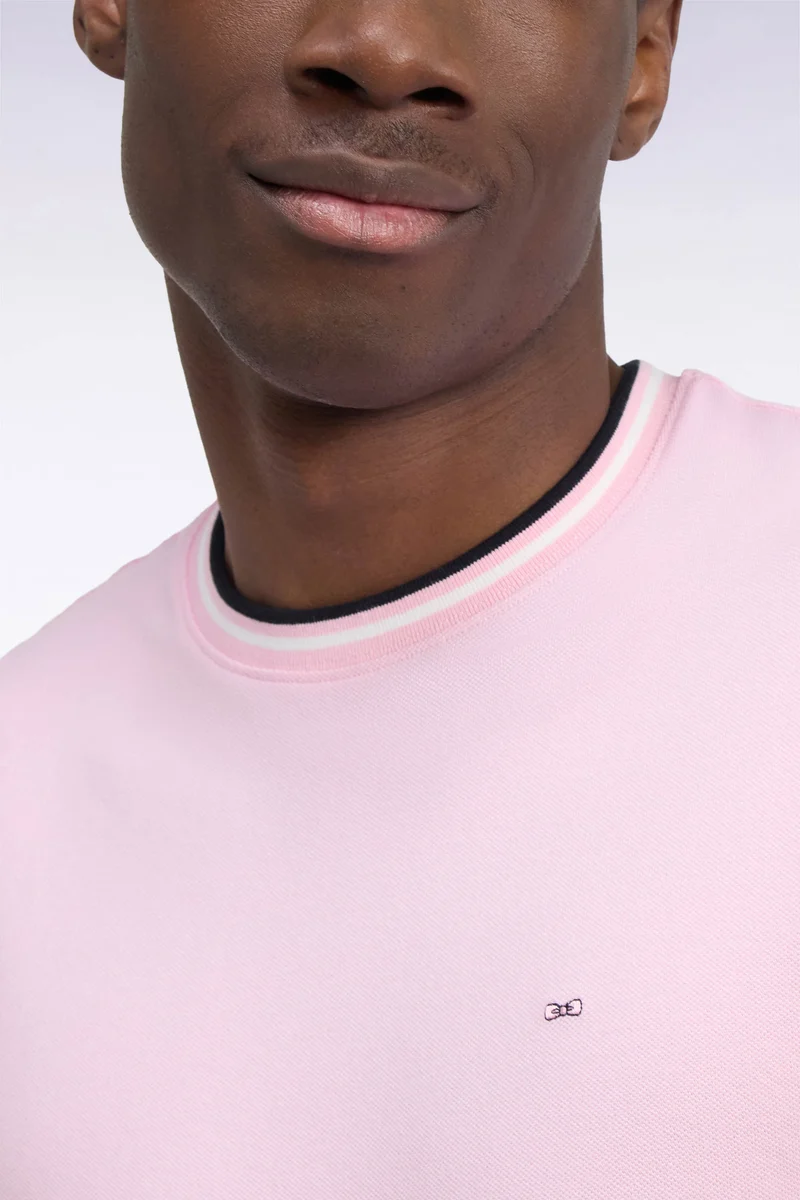 T-shirt manches courtes en coton rose à bords-côtes rayés coupe droite